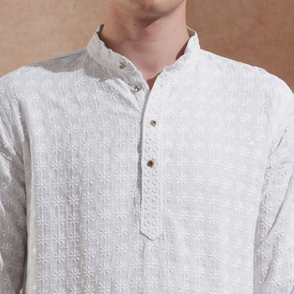 Men White Chikankari Embroidered Kurta | Mandarin Collar | Straight Fit
