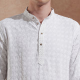 Men White Chikankari Embroidered Kurta | Mandarin Collar | Straight Fit 3