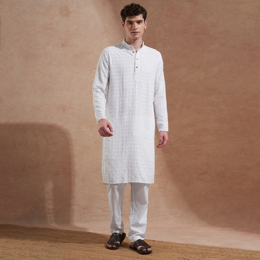 Men White Chikankari Embroidered Kurta | Mandarin Collar | Straight Fit
