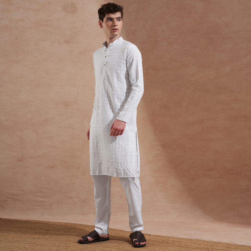 Men White Chikankari Embroidered Kurta | Mandarin Collar | Straight Fit