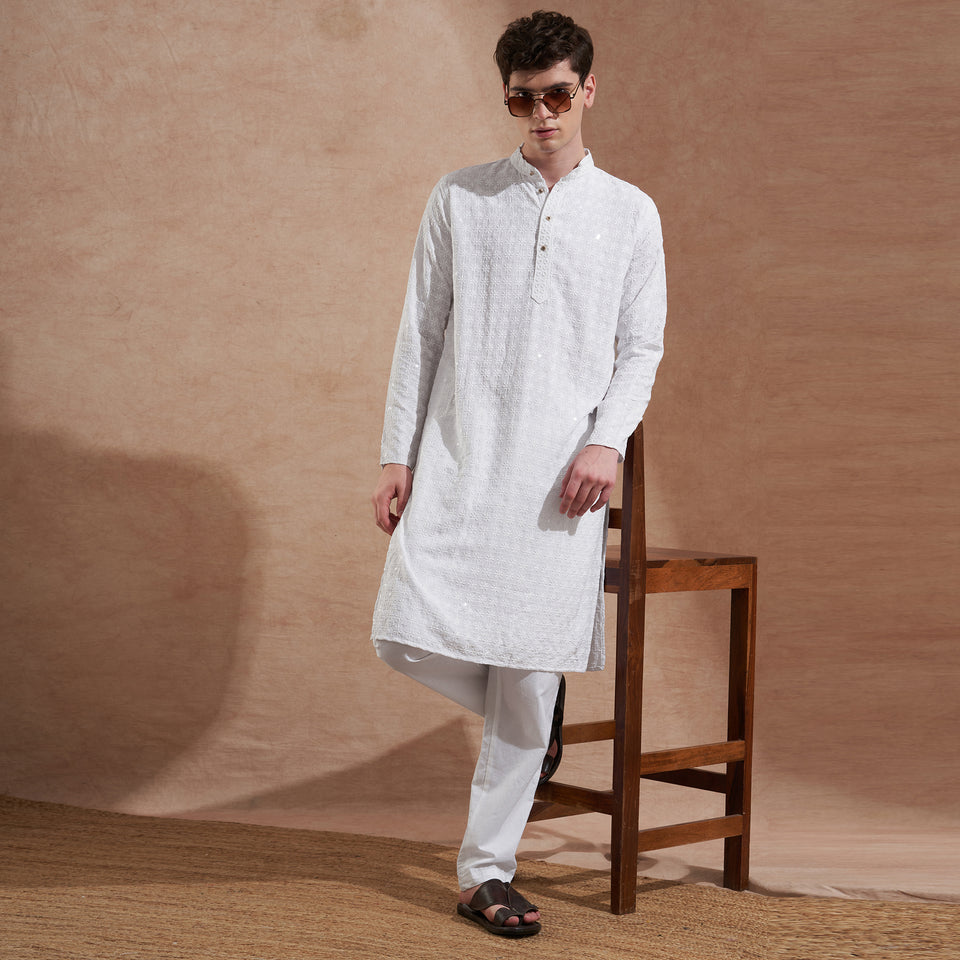 White men’s cotton kurta with tonal Chikankari-style embroidery front view