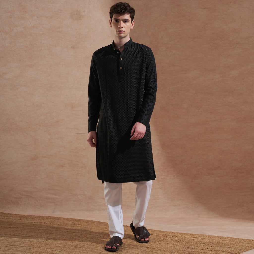 Men Black Textured Embroidered Kurta | Mandarin Collar | Straight Fit