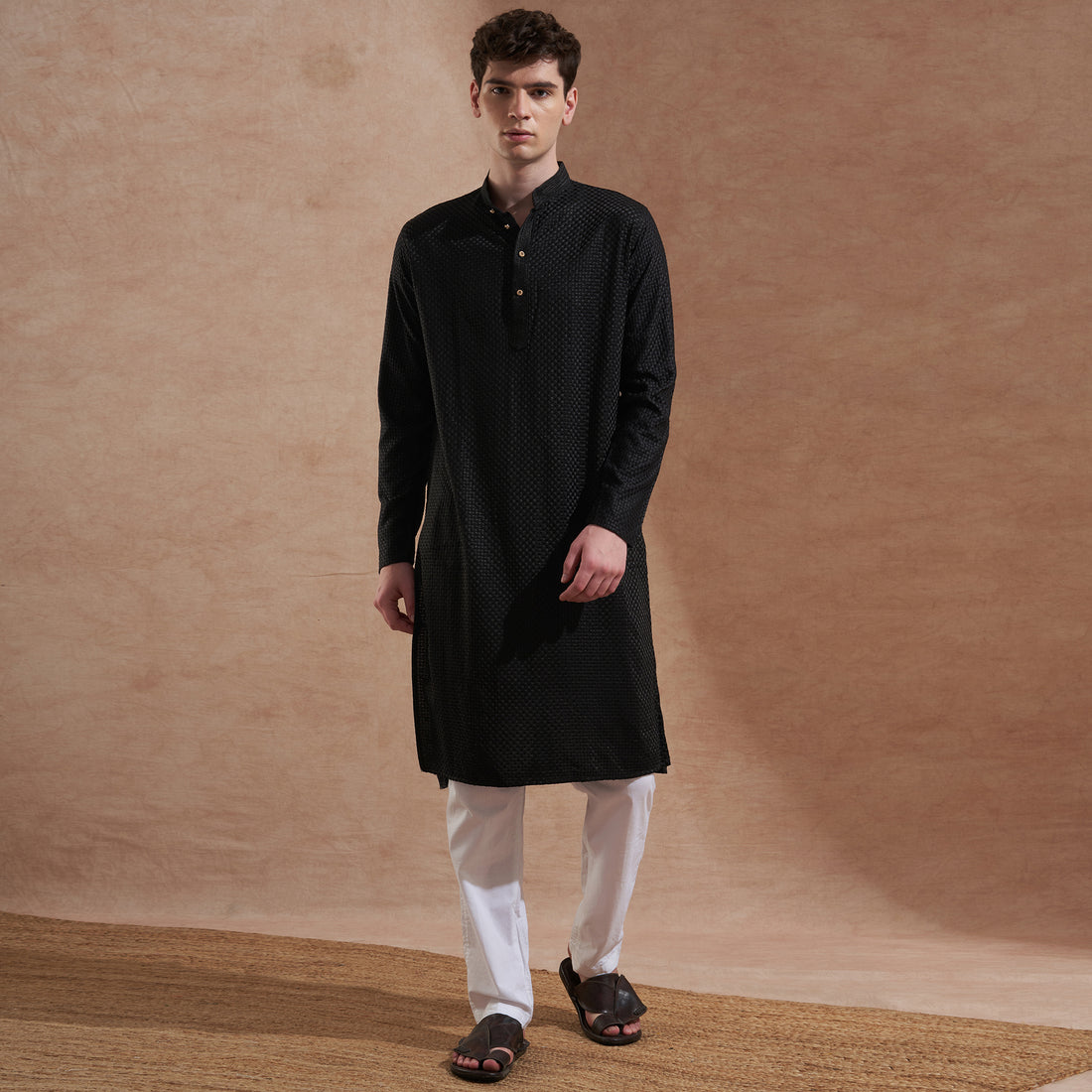 Men’s Black Textured Embroidered Kurta