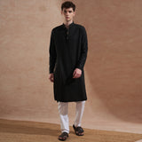 Men Black Textured Embroidered Kurta | Mandarin Collar | Straight Fit 4