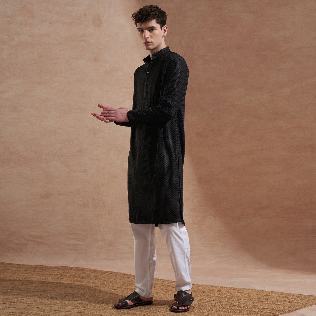Men Black Textured Embroidered Kurta | Mandarin Collar | Straight Fit
