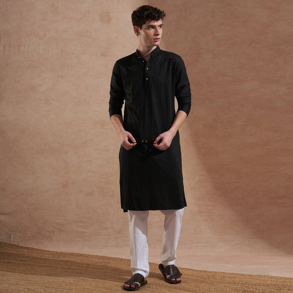 Men Black Textured Embroidered Kurta | Mandarin Collar | Straight Fit