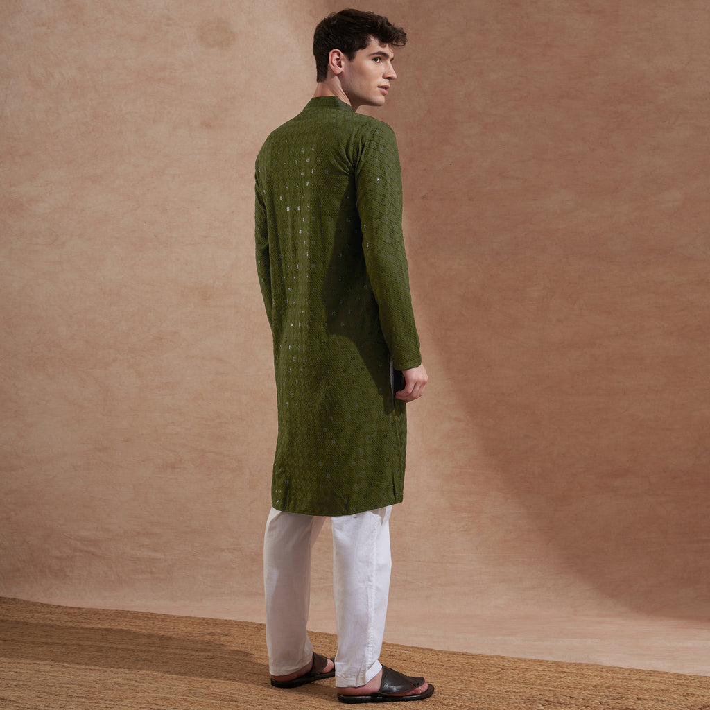 Men Olive Green Embroidered Kurta | Mandarin Collar | Straight Fit