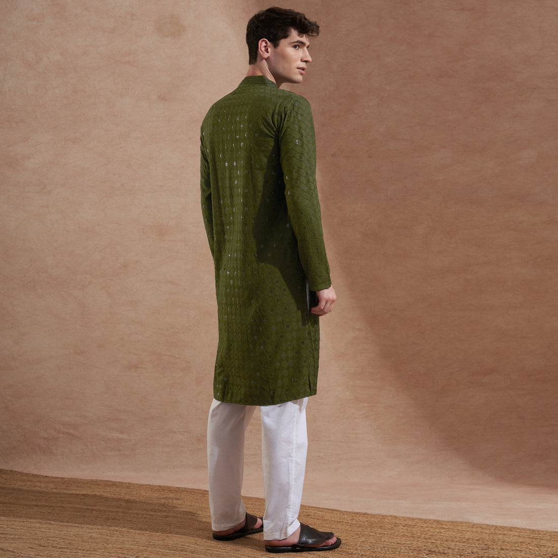 Men’s Olive Green Tonal Embroidered Kurta