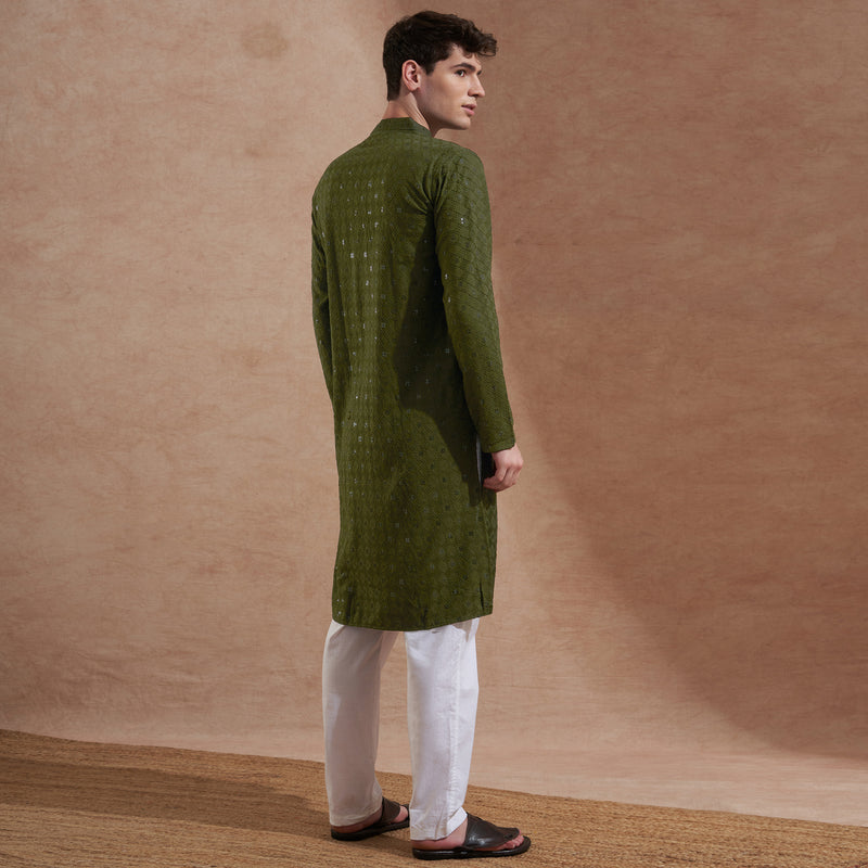 Men’s Olive Green Tonal Embroidered Kurta 7