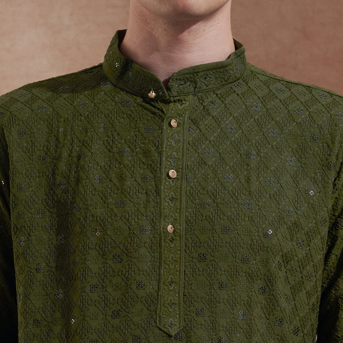 Men’s Olive Green Tonal Embroidered Kurta