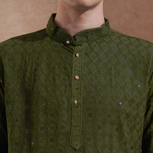 Men’s Olive Green Tonal Embroidered Kurta