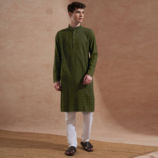 Men’s Olive Green Tonal Embroidered Kurta