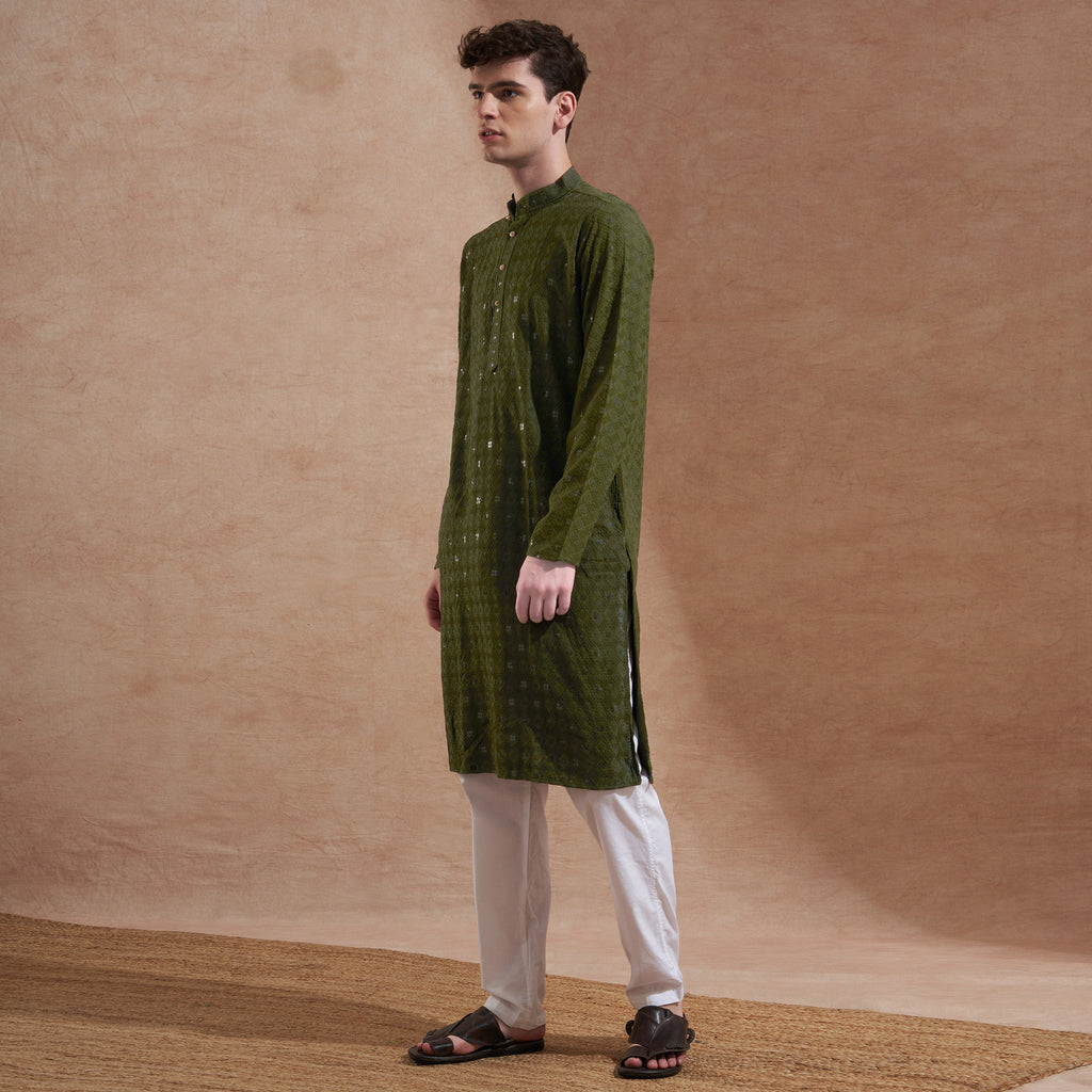 Men Olive Green Embroidered Kurta | Mandarin Collar | Straight Fit