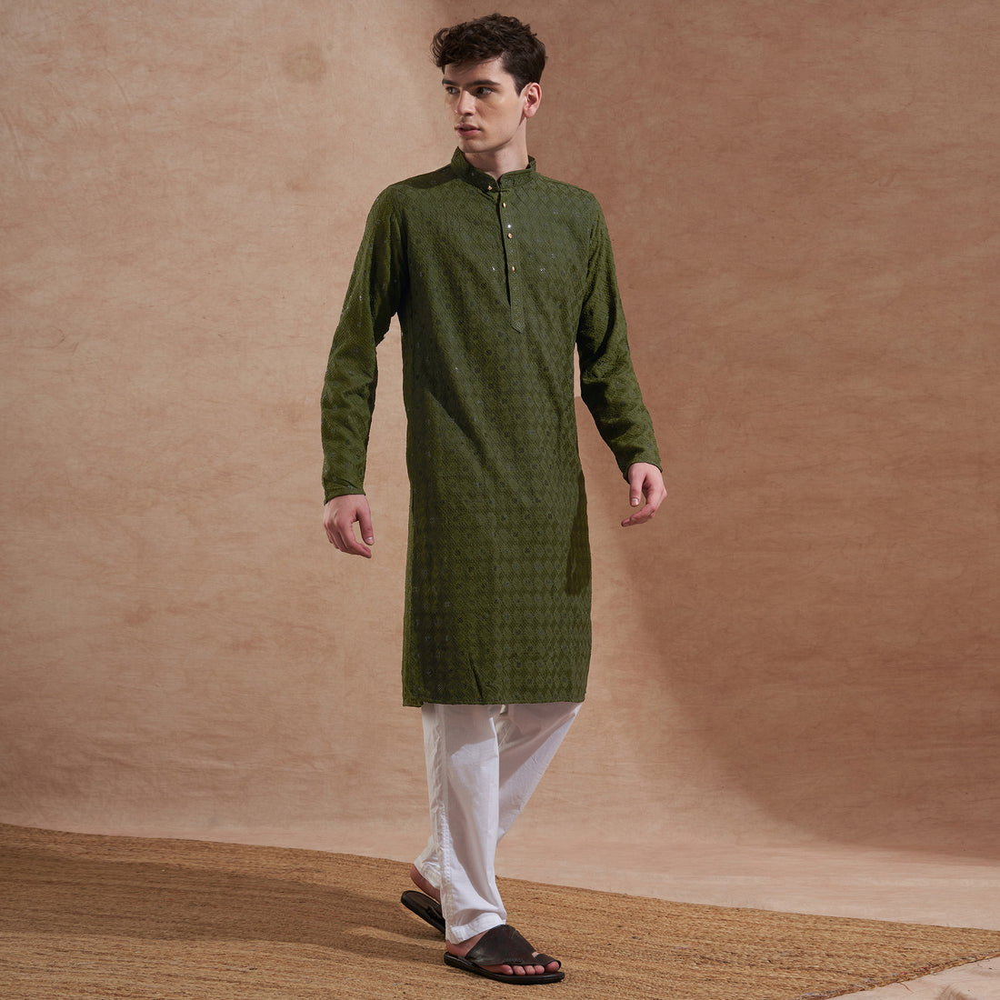 Men’s Olive Green Tonal Embroidered Kurta