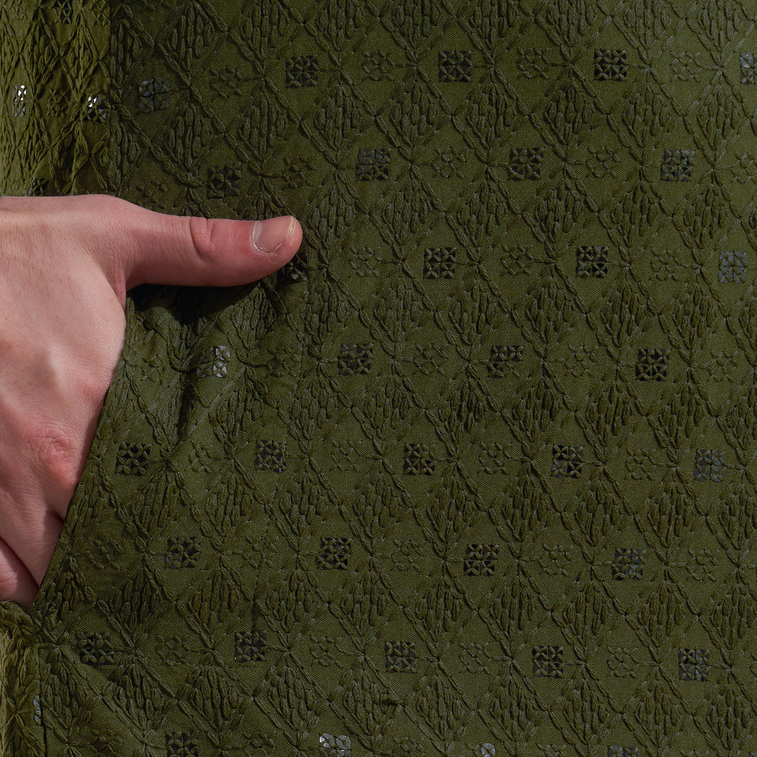 Men’s Olive Green Tonal Embroidered Kurta