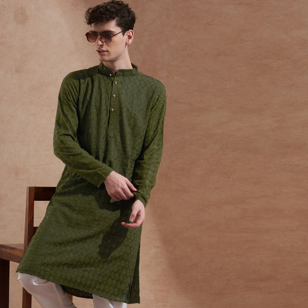 Men Olive Green Embroidered Kurta | Mandarin Collar | Straight Fit