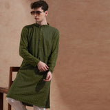 Men Olive Green Embroidered Kurta | Mandarin Collar | Straight Fit 4