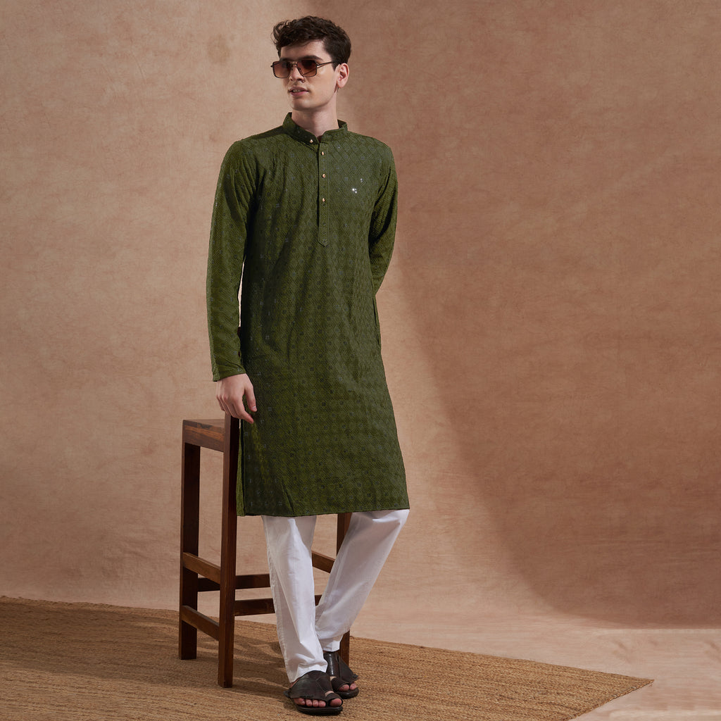 Men Olive Green Embroidered Kurta | Mandarin Collar | Straight Fit
