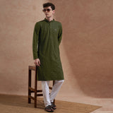 Men Olive Green Embroidered Kurta | Mandarin Collar | Straight Fit 1