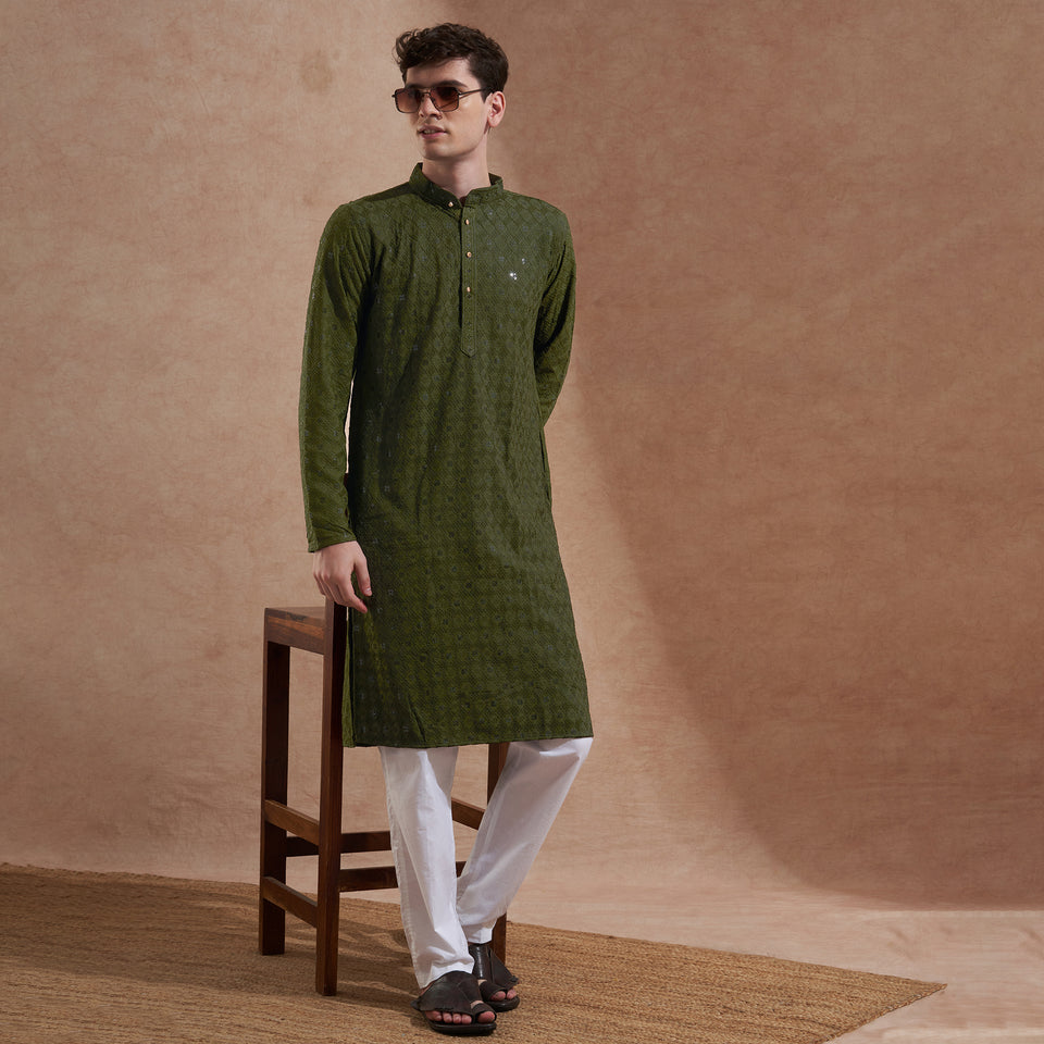Men’s Olive Green Tonal Embroidered Kurta