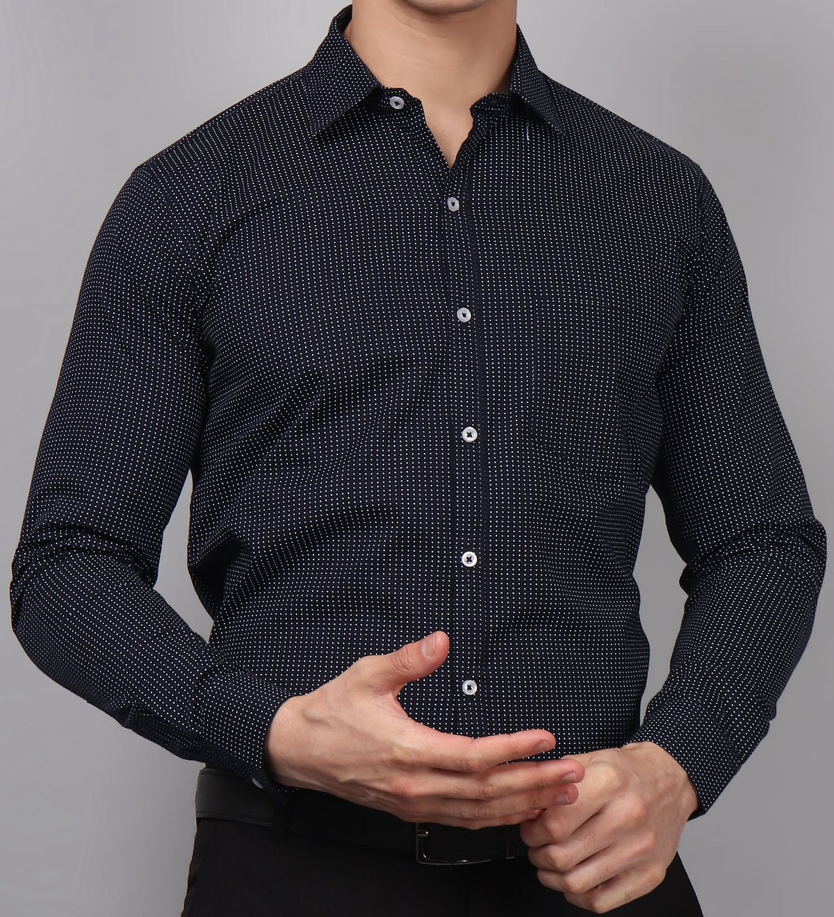 Navy Blue Dot Printed Cotton Shirt for Men