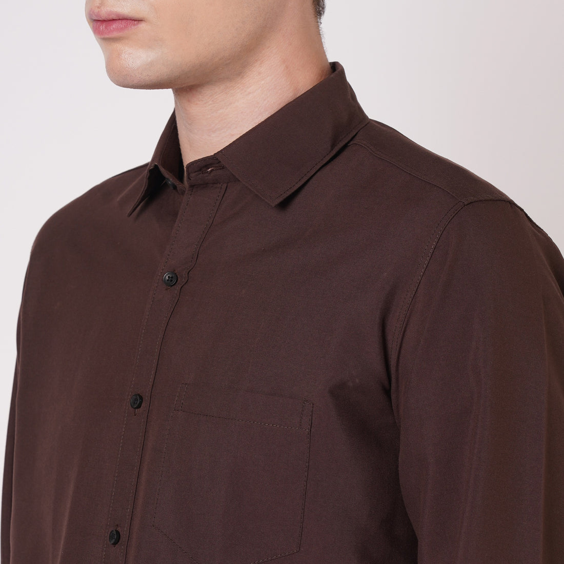 Chocolate brown shirt spread collar and chest pocket detail