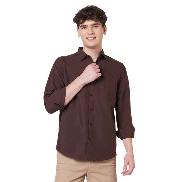 Chocolate brown full sleeve cotton shirt for men - full front view