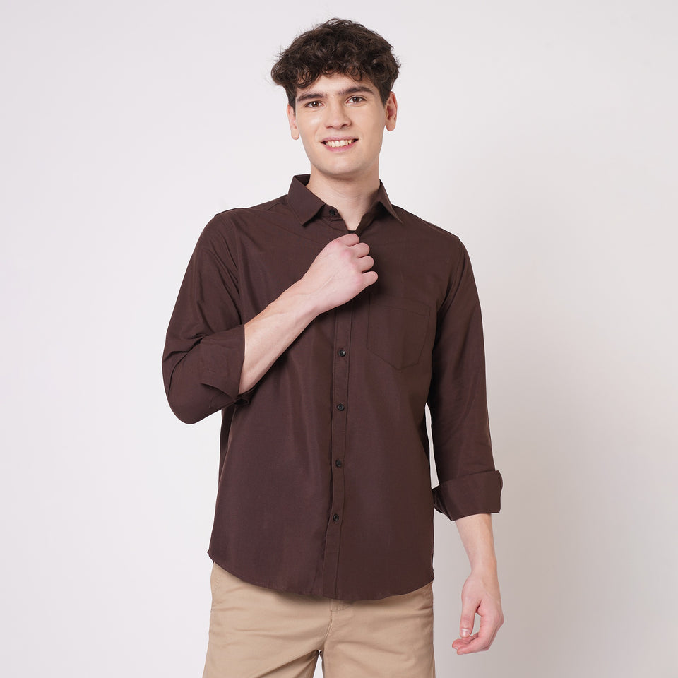 Chocolate brown cotton spread collar shirt for men - front view