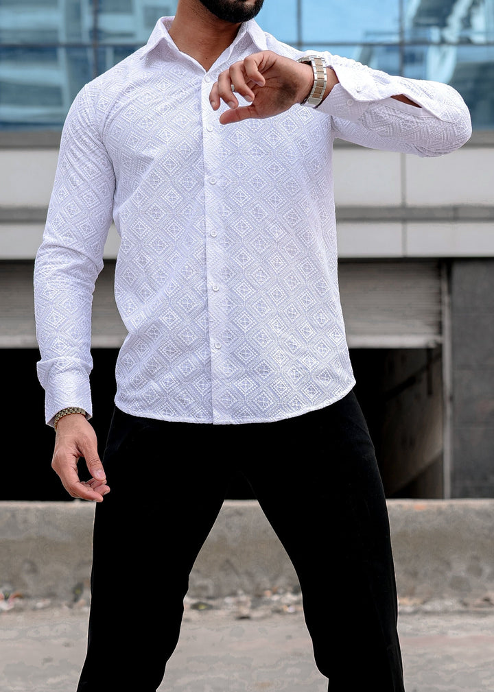 VOZIA Spark White Chikankari Men's Shirt