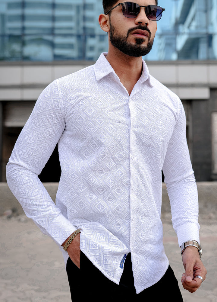 VOZIA Spark White Chikankari Men's Shirt