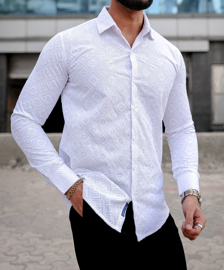 VOZIA Spark White Chikankari Men's Shirt
