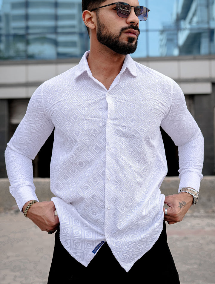 VOZIA Spark White Chikankari Men's Shirt