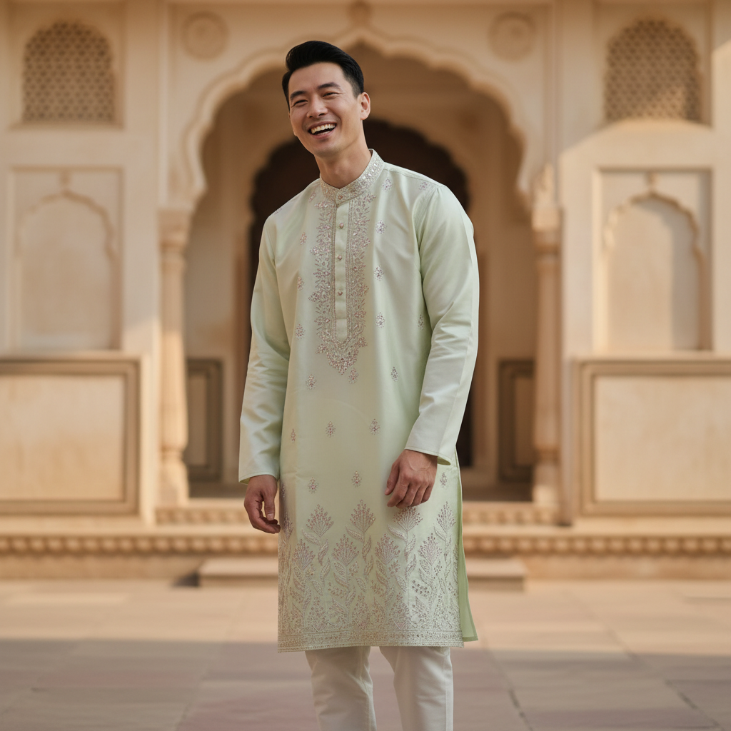 Men's Pistachio Green Embroidered Art Silk Kurta