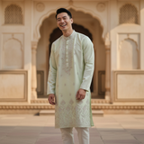 Men's Pistachio Green Embroidered Art Silk Kurta 1