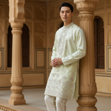 Men's Pistachio Green Embroidered Art Silk Kurta 3