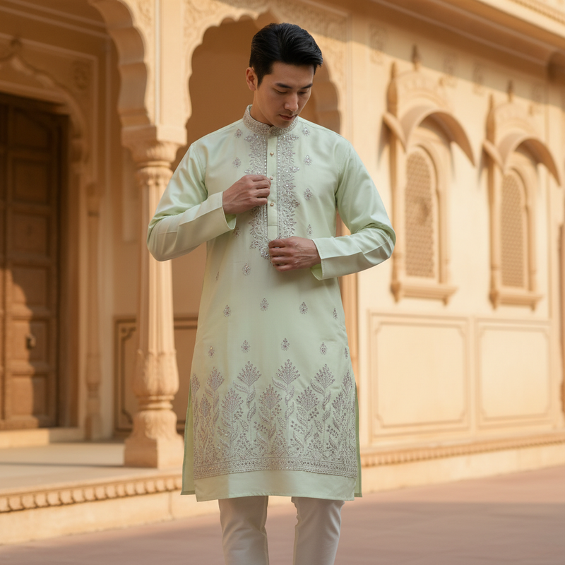Men's Pistachio Green Embroidered Art Silk Kurta 4