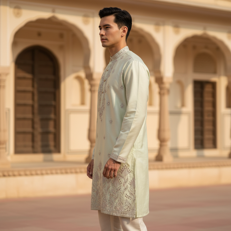 Men's Pistachio Green Embroidered Art Silk Kurta 5