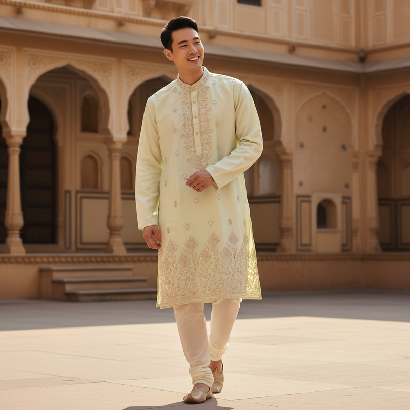 Men's Pistachio Green Embroidered Art Silk Kurta 6
