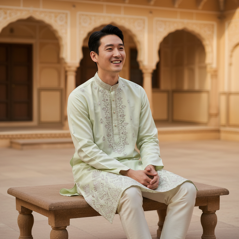 Men's Pistachio Green Embroidered Art Silk Kurta 7