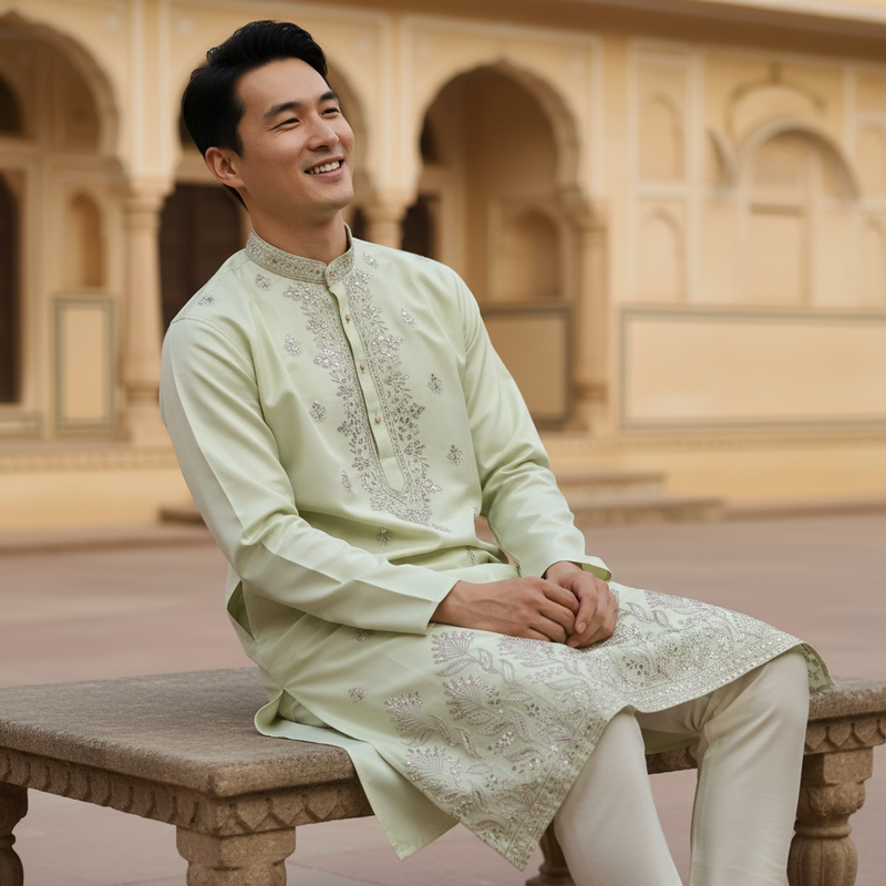 Men's Pistachio Green Embroidered Art Silk Kurta 8