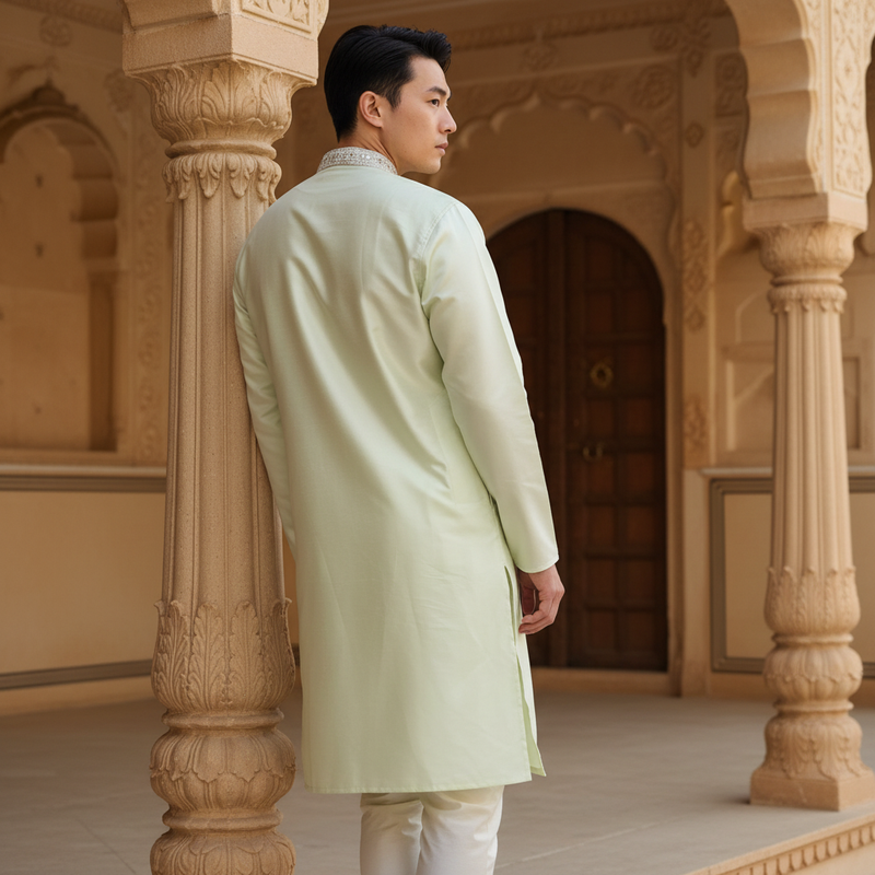 Men's Pistachio Green Embroidered Art Silk Kurta 9