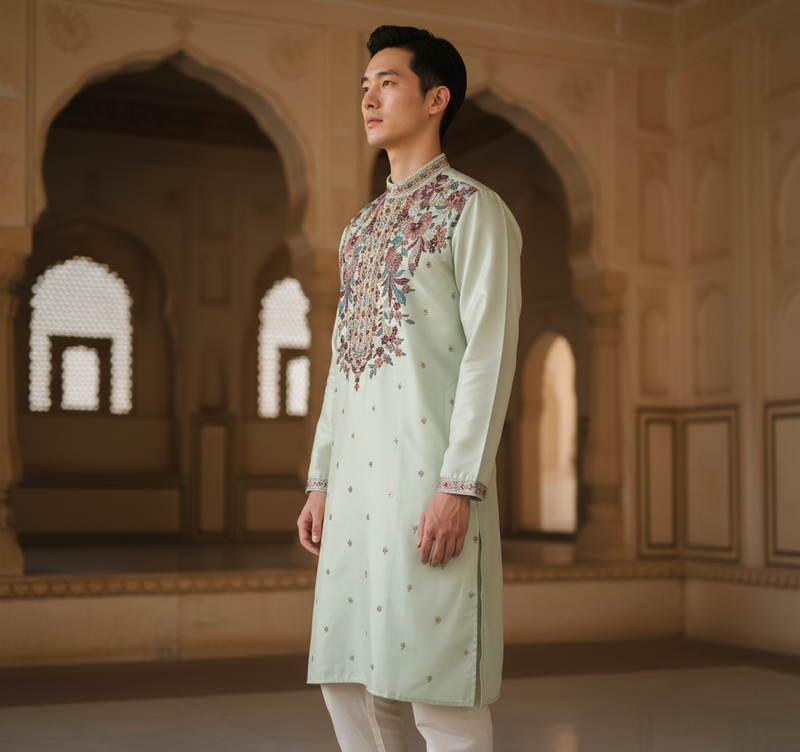 Men's Mint Green Art Silk Embroidered Festive Kurta 5