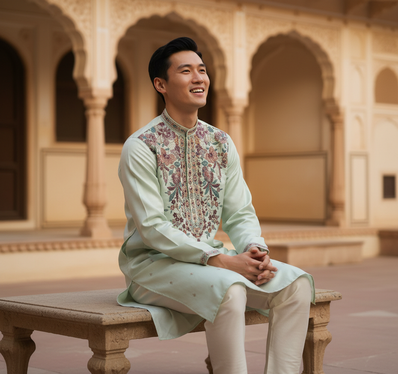 Men's Mint Green Art Silk Embroidered Festive Kurta 7
