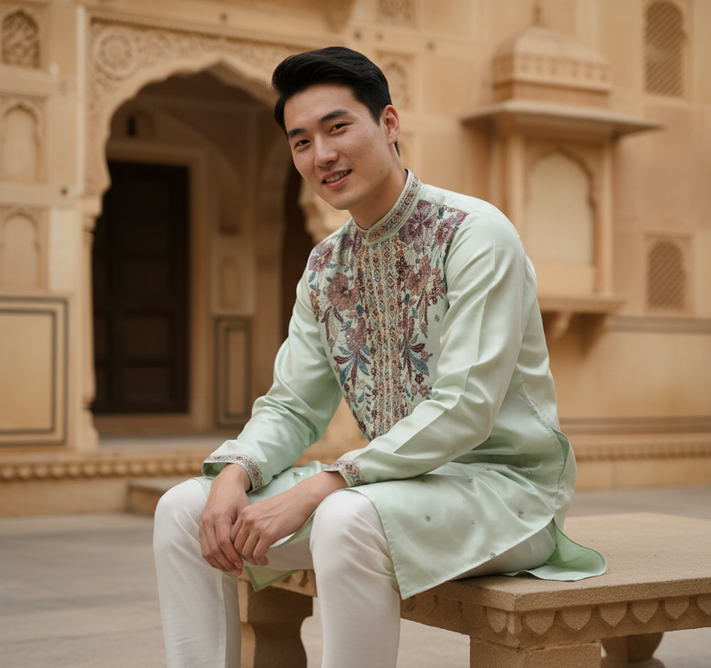 Men's Mint Green Art Silk Embroidered Festive Kurta 8