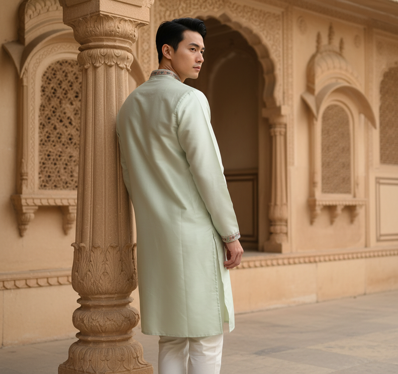 Men's Mint Green Art Silk Embroidered Festive Kurta 9