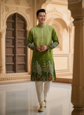 Men's Art Silk Ombre Green Tree of Life Embroidered Kurta