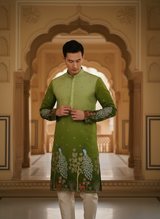 Men's Art Silk Ombre Green Tree of Life Embroidered Kurta 4