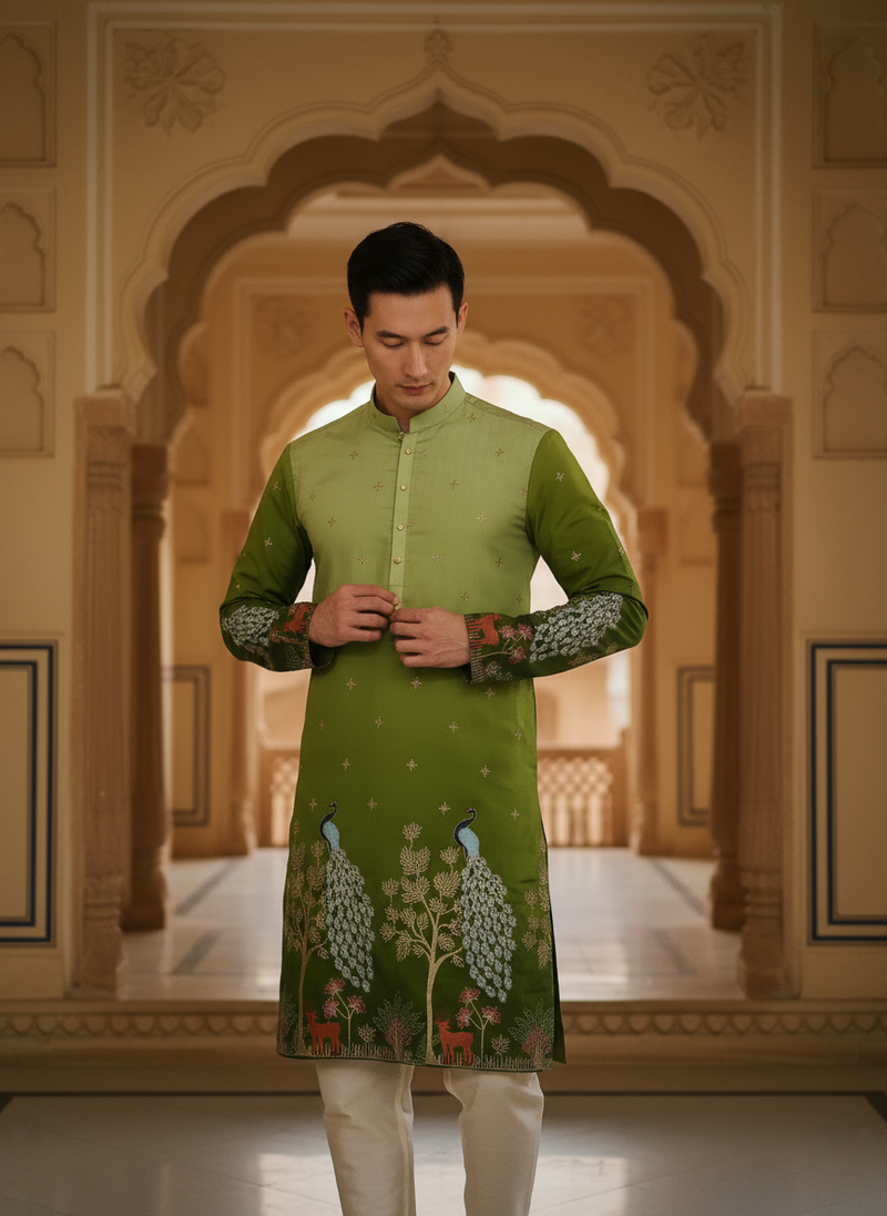 Men's Art Silk Ombre Green Tree of Life Embroidered Kurta 4