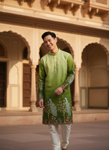 Men's Art Silk Ombre Green Tree of Life Embroidered Kurta 6