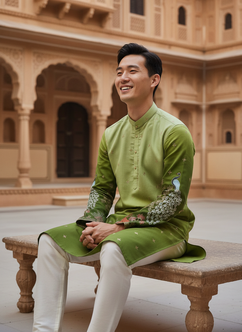 Men's Art Silk Ombre Green Tree of Life Embroidered Kurta 7